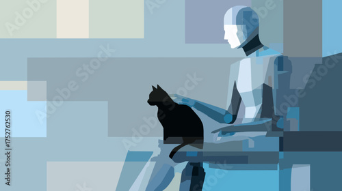 Robot humanoid with a black cat