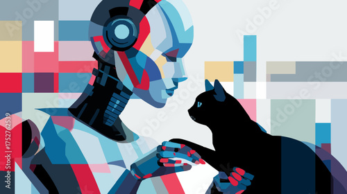Famale robot playing with cat