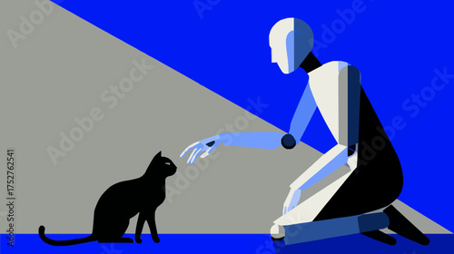 Robot humanoid playing with black cat