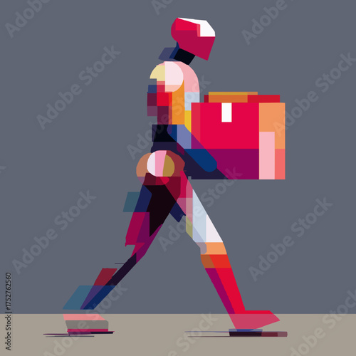 Red robot humanoid delivering package