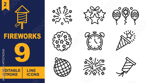 Fireworks line Editable Icons set. Vector illustrations in a modern, thin line style of celebration related icons: fireworks burst, stars, balloons, dan more.