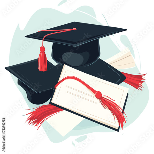 Graduation Caps and Diplomas symbolizing achievement and the pursuit of knowledge , vector style simple color