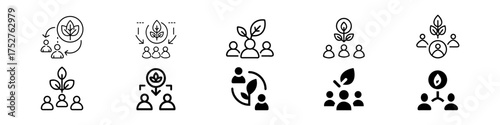 Collection of eco team and sustainability group icons, green community, environmental teamwork, nature people symbol outline and filled styles, Sustainable Collaboration, Green Business