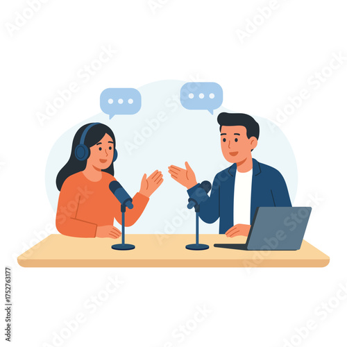 Podcast Conversation Recording in Modern Flat Vector Illustration