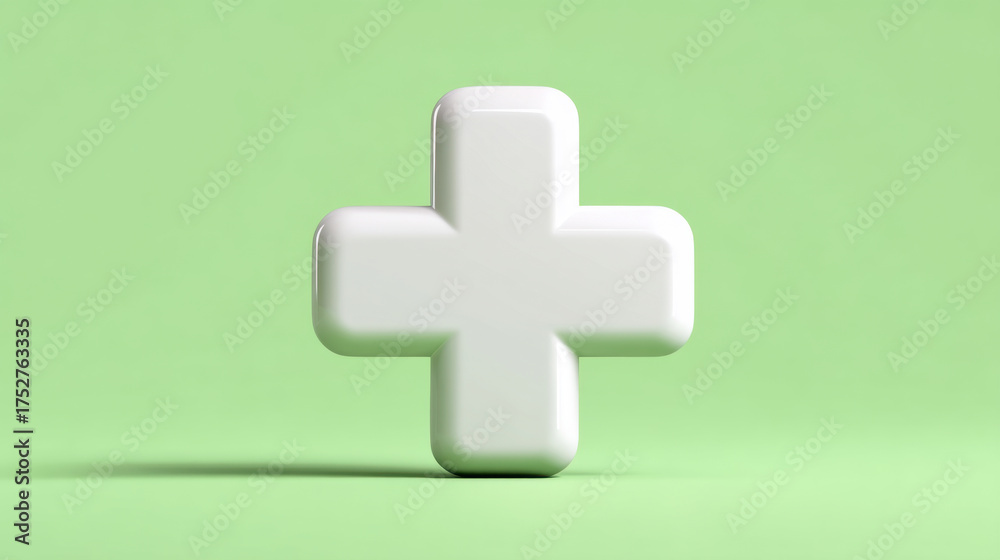 Obraz premium Medical Plus Sign, A minimalist 3D icon of a clean, white medical plus sign. Isolated on a seamless, solid light green background. Health and wellness symbol. 