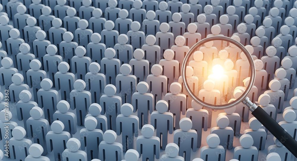 Fototapeta premium Magnifying glass highlighting a unique individual within a crowd of people