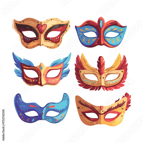 Gold and black Venetian carnival mask set vector illustration for a masquerade party or mystery festival decoration