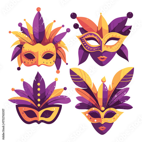 Gold and feather Venetian carnival mask vector illustration for a masquerade party or festival decoration