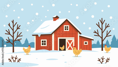 Rural farm in winter with a red barn and chickens. Snowy countryside landscape. Flat design vector illustration.