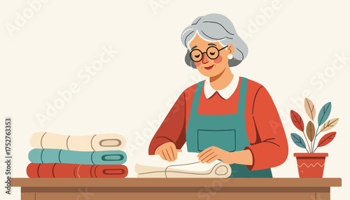 An elderly woman folding laundry at a table. Flat design character vector illustration. Housekeeping and domestic chores concept