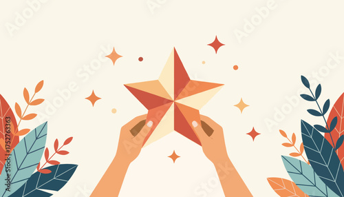 Hands holding a star representing success and achievement. Flat design vector illustration for quality rating, feedback, or award concepts. Decorative background with foliage and sparkles