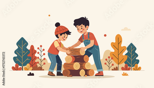 Two boys working together stacking firewood in autumn. Flat design vector illustration of childhood friendship and teamwork