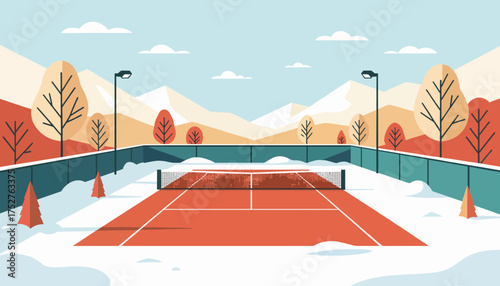 An empty tennis court in a winter snow scene. Flat design vector illustration of an outdoor sports landscape. Off-season recreation concept with mountains in the background