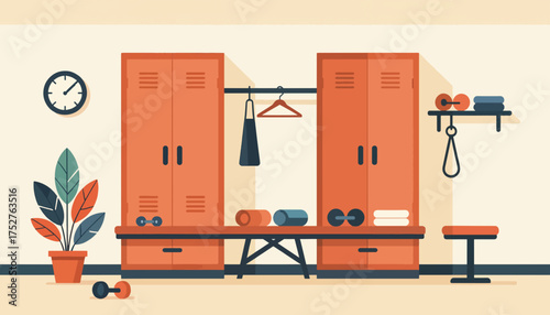 Gym locker room interior with fitness equipment in modern style  