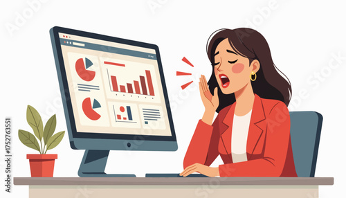 Tired businesswoman yawning at her office desk. Workplace burnout and fatigue concept. Flat design vector illustration