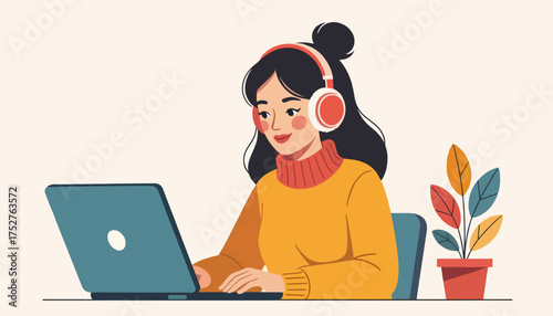 Woman working on a laptop with headphones. Flat design vector illustration. Concept of remote work, online education, and freelancing