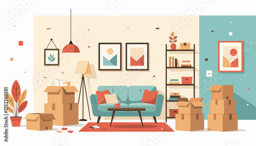 Living room with moving boxes illustration. New home, relocation, and packing concept. Modern flat design vector graphic