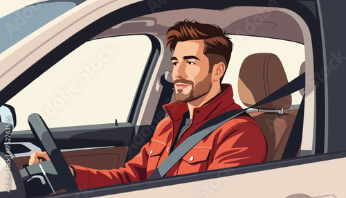 Handsome man driving a car vector illustration. Driver character for commuting and travel concepts. Modern graphic of a person wearing a seatbelt for safety