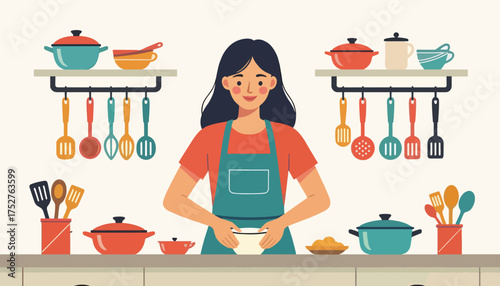 Happy woman cooking in the kitchen. Food preparation and culinary hobby concept. Flat design vector illustration of a domestic scene