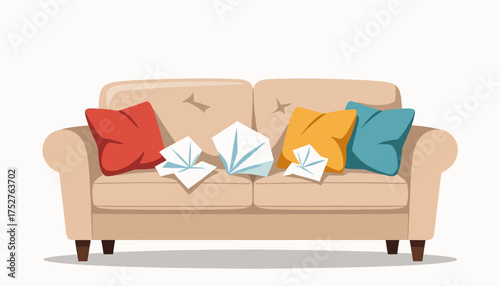 Messy sofa with used tissues from a cold or flu. Flat cartoon vector illustration of being sick at home. Illness and allergy concept isolated on a white background