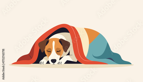 Cute cartoon dog sleeping under a cozy blanket. Flat design vector illustration of a resting pet. Animal comfort and napping concept graphic