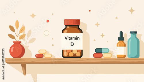 Vitamin D supplements on a shelf with pills and bottles. Flat design vector illustration for health and wellness. Nutrition and dietary supplement concept