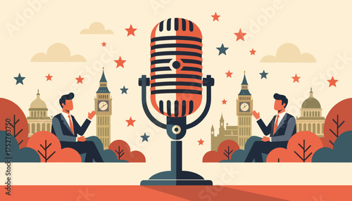 Political debate and international relations concept. Flat design illustration with a microphone, US Capitol, and Big Ben. USA and UK diplomacy or podcast broadcast vector graphic