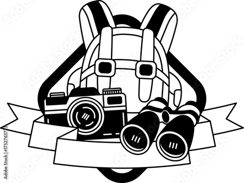 black and white logotype of Camera, backpack, and binoculars
