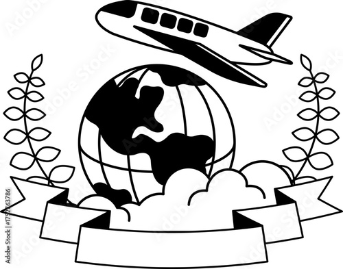 black and white logotype of an Airplane flying over the globe