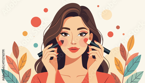 Illustration of a woman applying makeup with brushes. Beauty, cosmetics, and self-care concept. Modern flat design vector graphic