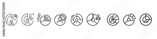 Set of pie chart, analytics, data visualization icons, business report, statistics, and infographic symbols, outline and filled vector styles