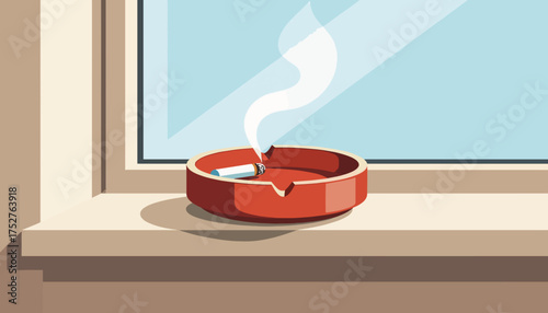 A lit cigarette in a red ashtray on a windowsill. Flat design vector illustration of an unhealthy smoking habit. Smoldering tobacco with rising smoke