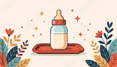 A baby bottle with milk for infant feeding. Decorative flat design vector illustration with floral elements. Childcare and nutrition concept graphic