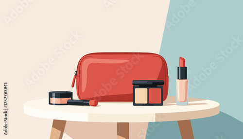 Vector illustration of a makeup bag and cosmetic products. Flat design of lipstick, foundation, and blush on a table. Beauty and fashion concept