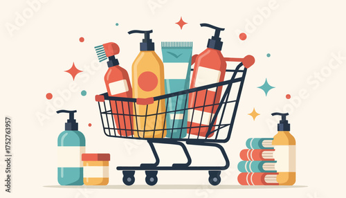 Shopping cart with cosmetic and personal care products. Flat design vector illustration for e-commerce and retail