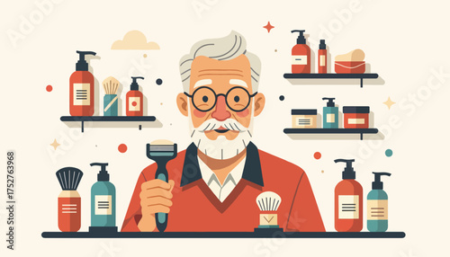 An elderly man with shaving and grooming products. Flat design character vector illustration. Men's self-care and personal hygiene concept