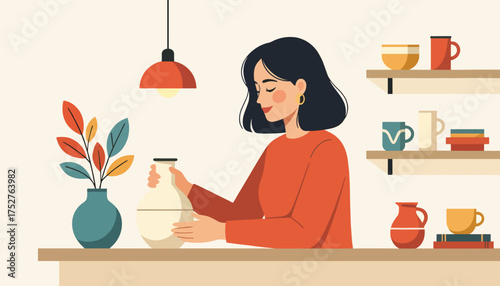 A woman making pottery in a cozy workshop. Flat design vector illustration of a creative hobby and craft. Handmade ceramics and lifestyle concept