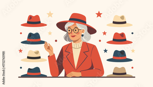 Stylish senior woman with a collection of hats. Modern flat design vector illustration. Fashion, choice, and wearing many hats concept