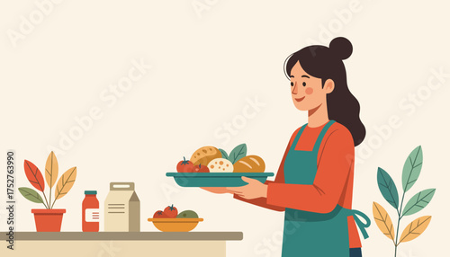 A woman in an apron holding a tray of fresh food. Flat design vector illustration of a cook preparing a healthy homemade meal. Hospitality and cooking concept graphic