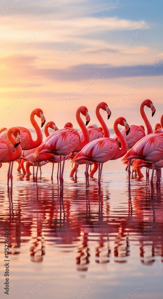 Fototapeta premium Flamingos at Sunset Vibrant Pink Birds in Water with Reflective Surface.