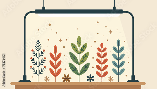 Stylized plants growing under a grow light. Flat design vector illustration of indoor gardening and horticulture. Modern botanical graphic element