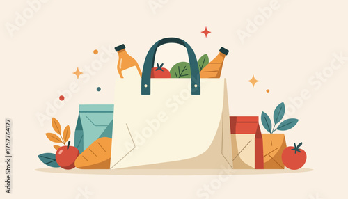 Flat design illustration of a grocery shopping bag. Vector graphic with fresh fruit, vegetables, and food. Healthy lifestyle concept