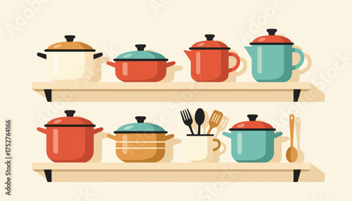 A collection of kitchen cookware and utensils on shelves. Retro flat design vector illustration. Pots, pans, and cooking tools for culinary concepts
