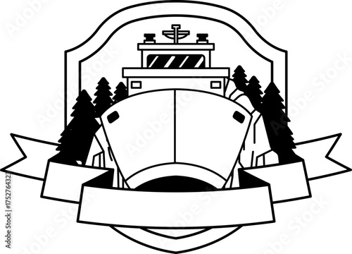 black and white logotype of a Cargo ship in the ocean