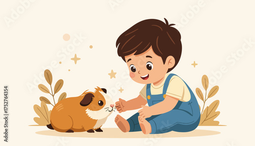 Young boy playing with guinea pig on soft background with plants  