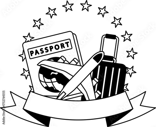 black and white logotype of Luggage, airplane, and passport