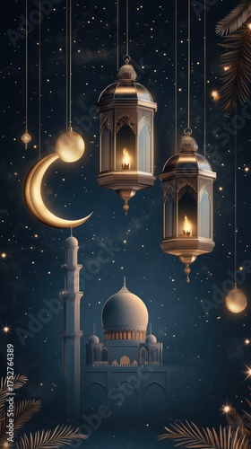 Gold Crescent and Tree Symbol on Dark Background