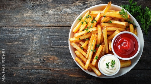 Golden French Fries with Ketchup and Mayonnaise on Wooden Table.