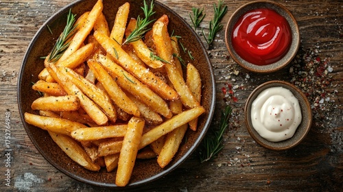 Golden Crispy French Fries with Ketchup and Mayonnaise Dips.