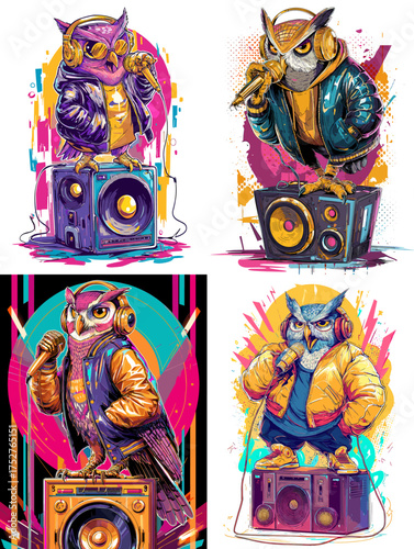 Colorful hip hop owl DJ illustration with graffiti and streetwear style. Perfect for modern street art, music posters, urban apparel, and creative pop culture or party-themed design.